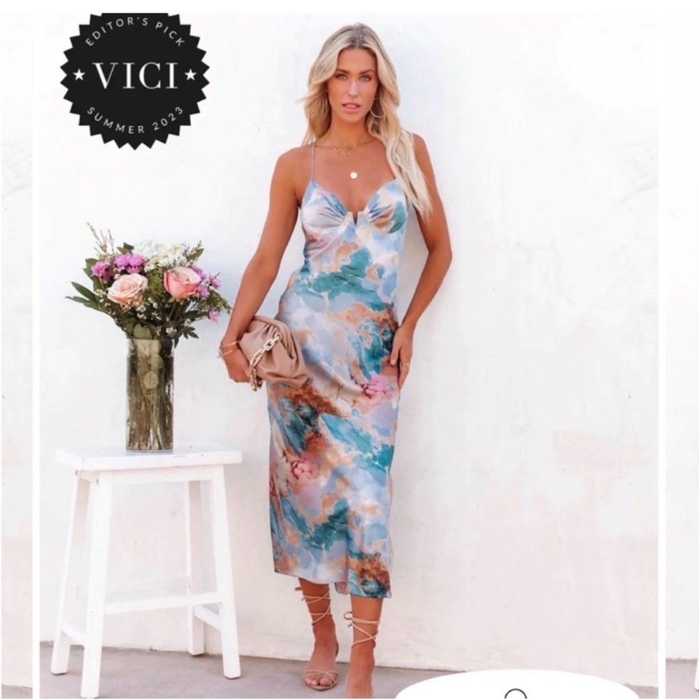 VICI Marble-Print Satin Slip Midi Dress in Blue, Pink & Tan